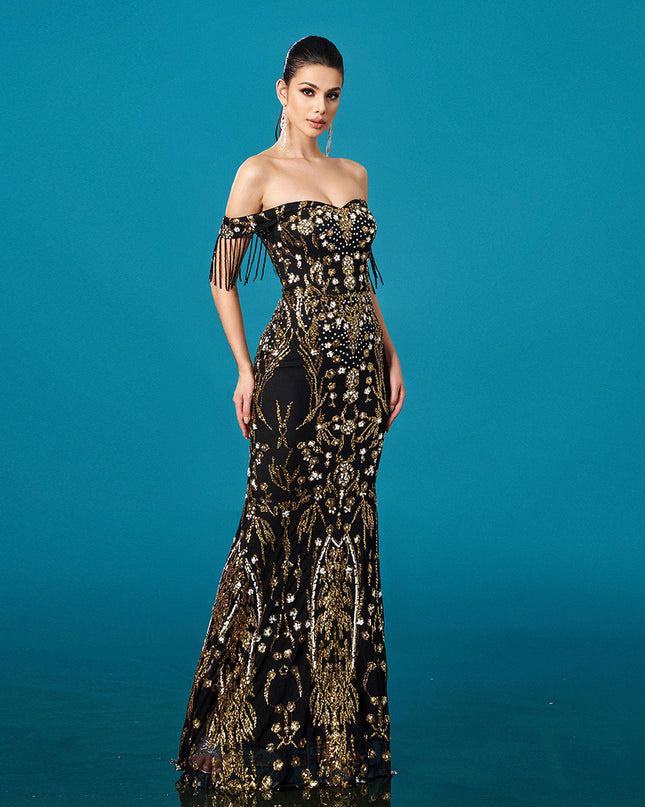 Off-neck Tassel Sequined Fishtail Evening Dress For Banquet