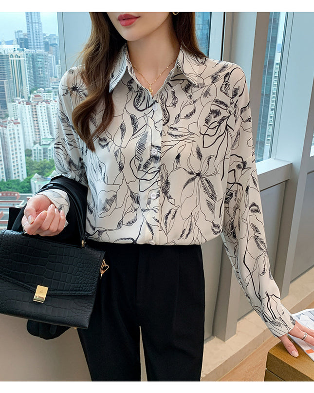 Pattern Print Lapel Drape Long-sleeved Shirt