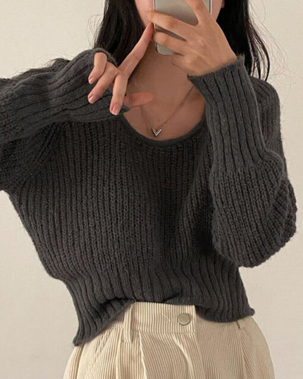 Square-neck Cinched Slimming Pure Color All-matching Fashionable Sweater Women
