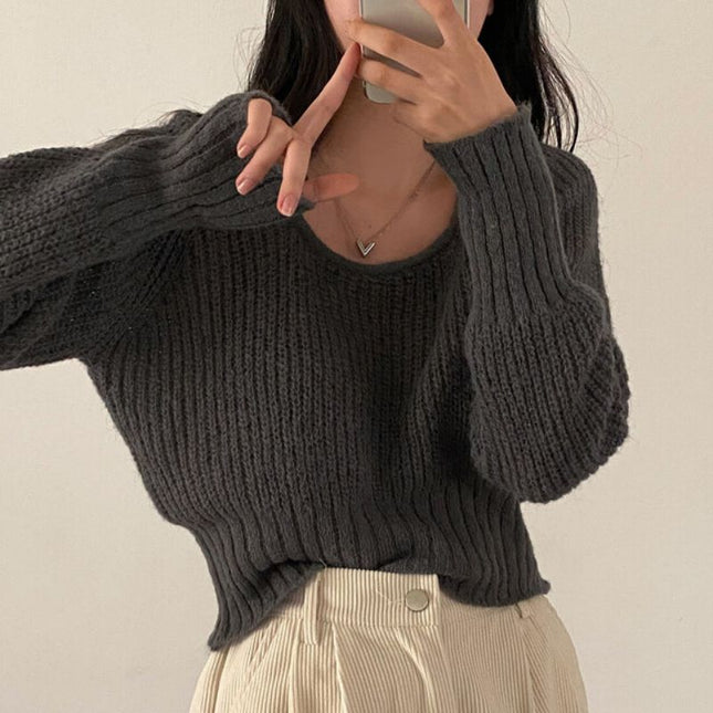 Square-neck Cinched Slimming Pure Color All-matching Fashionable Sweater Women