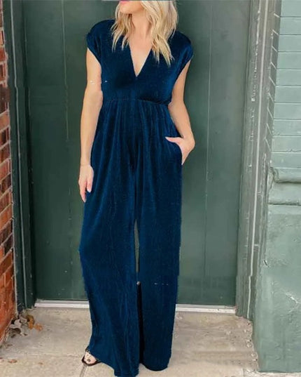 V-neck Short-sleeved High Waist Long Jumpsuit