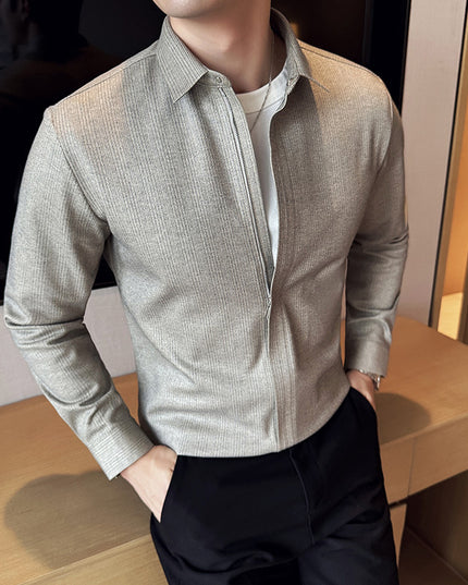 Zipper Design Seamless Elastic Slim Fit Striped Long Sleeve Shirt