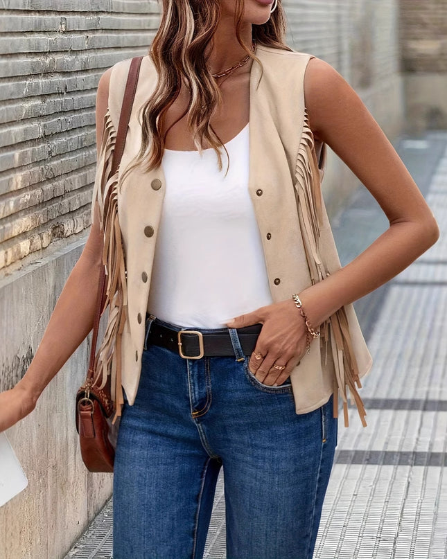 Fashionable Women's Solid Color Fringed Suede Vest