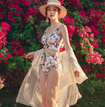 New swimwear women's net red floral small  steel plate gathers slim bikini skirt three-piece swimsuit