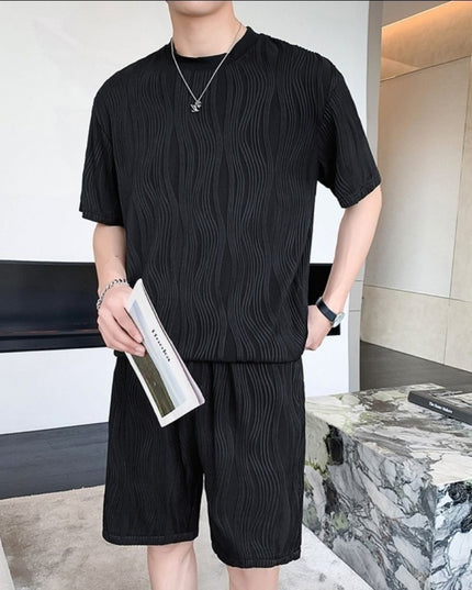 New Men's Ice Silk Fashion Short Sleeve Shorts Set