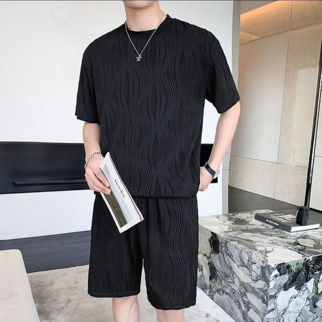 New Men's Ice Silk Fashion Short Sleeve Shorts Set