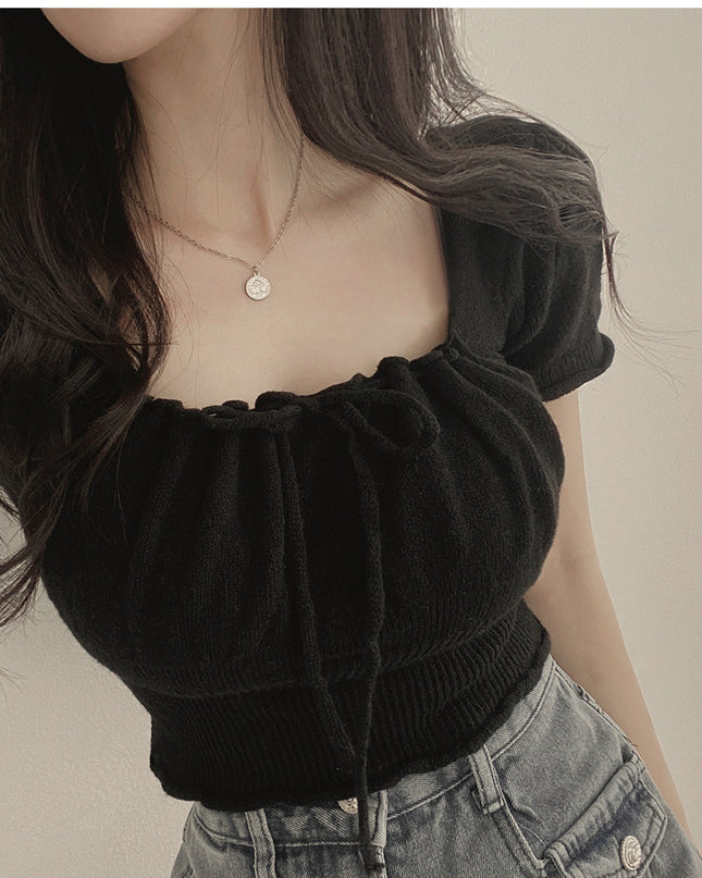 Square Collar Drawstring Short Knitwear Slim Top