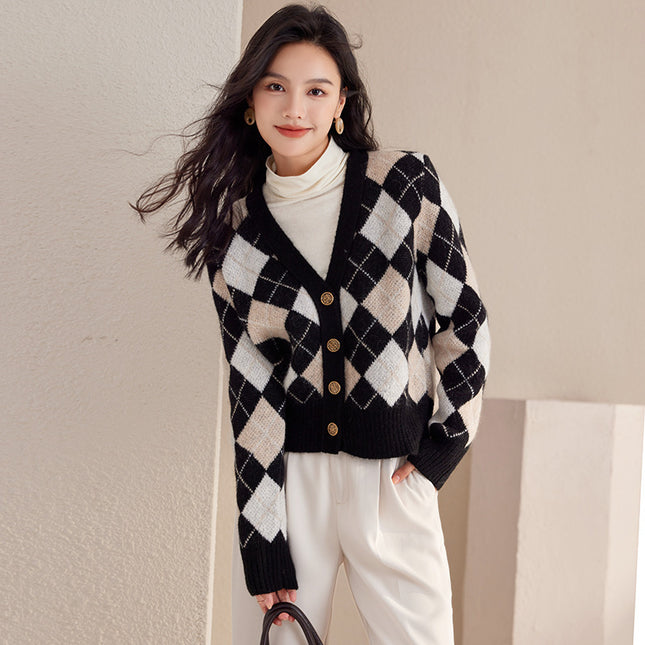 Autumn And Winter New French Minority Short Rhombus Long Sleeve Cashmere Knitted Coat