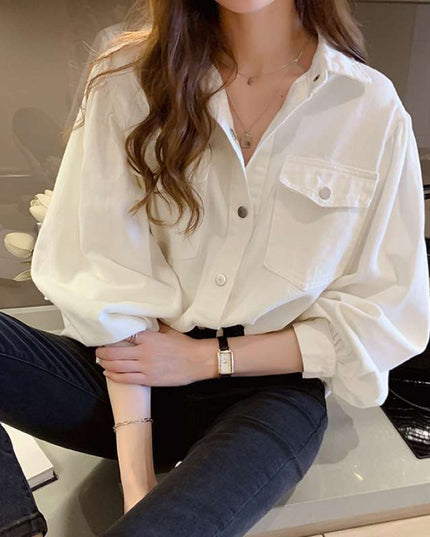 Blouses Shirts Women Spring Pockets Long Sleeve Fashion Solid Korean