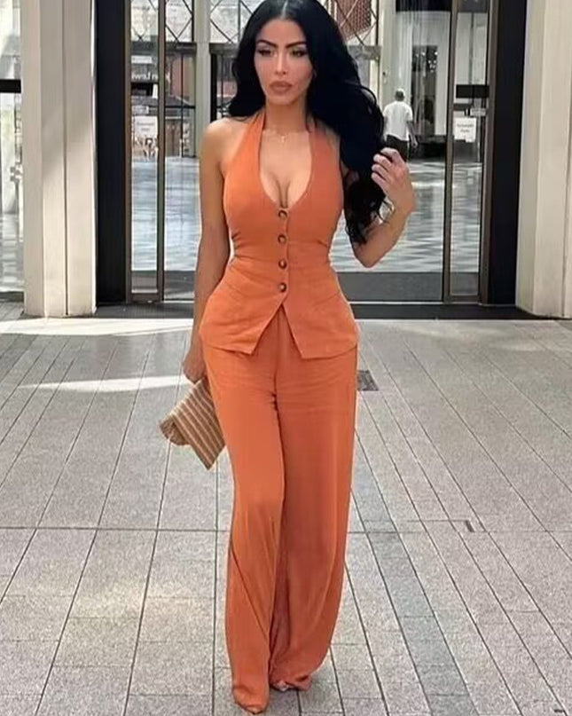 Classic Style Cotton And Linen Halterneck Vest Suit Women's Summer High-grade Trousers