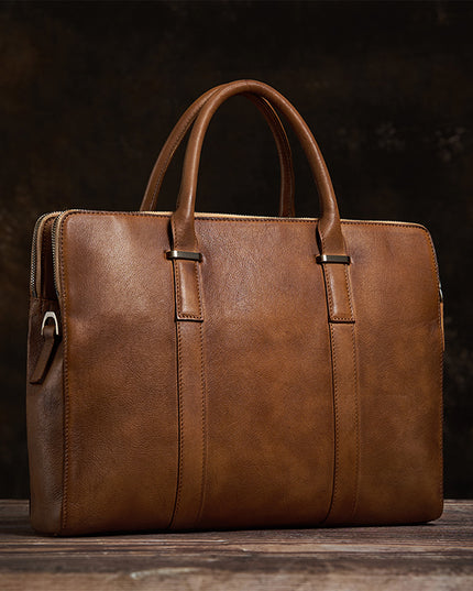 Vintage Vegetable-Tanned Leather Men’s Handbag | First Layer Cowhide Business & Casual Bag