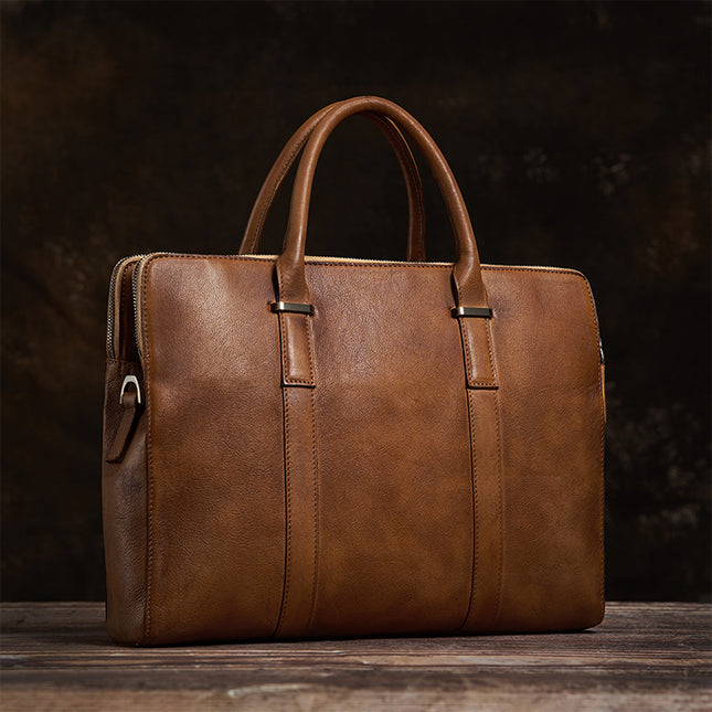 Vintage Vegetable-Tanned Leather Men’s Handbag | First Layer Cowhide Business & Casual Bag
