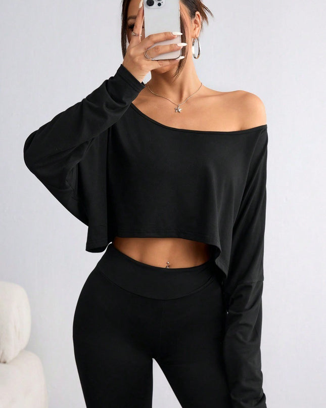 Solid Color Shoulder Long Sleeve Loose-fitting Cropped Top