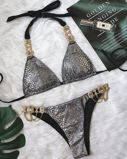 Sexy Solid Color Diamond Bikini Bandage Split Swimsuit