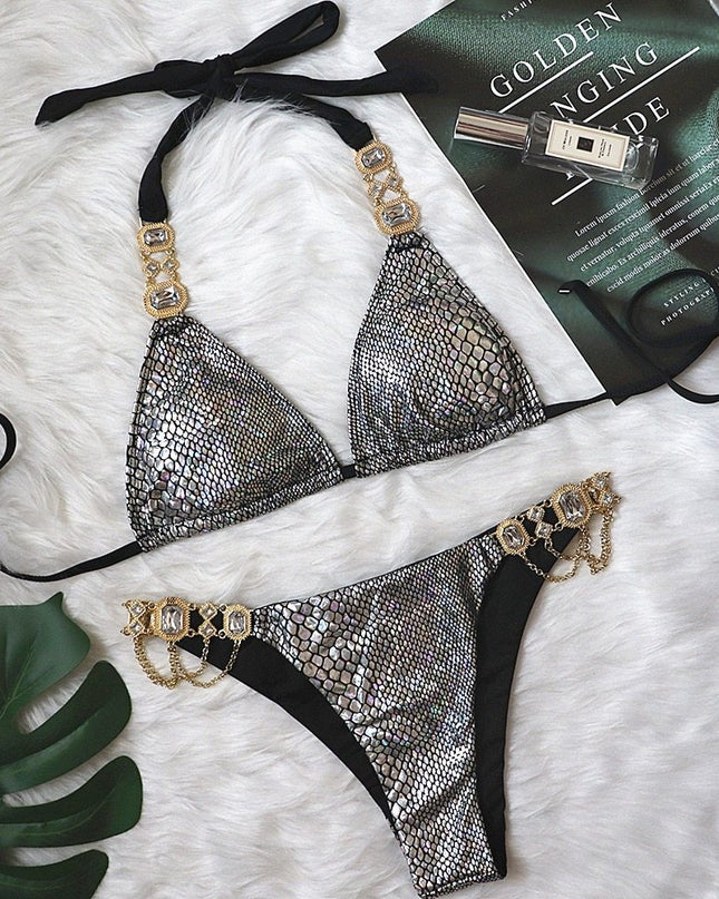 Sexy Solid Color Diamond Bikini Bandage Split Swimsuit