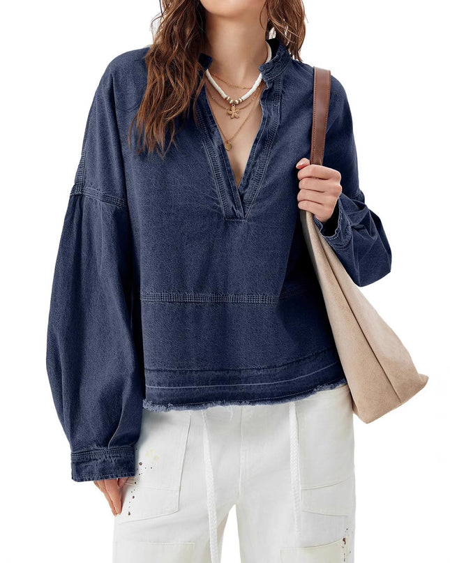 New V-neck Long Sleeve Loose Stitching Denim Long Sleeve Loose All-matching Top