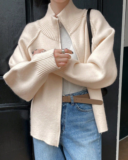 Solid Color Stand Collar Zipper Knitted Cardigan Top