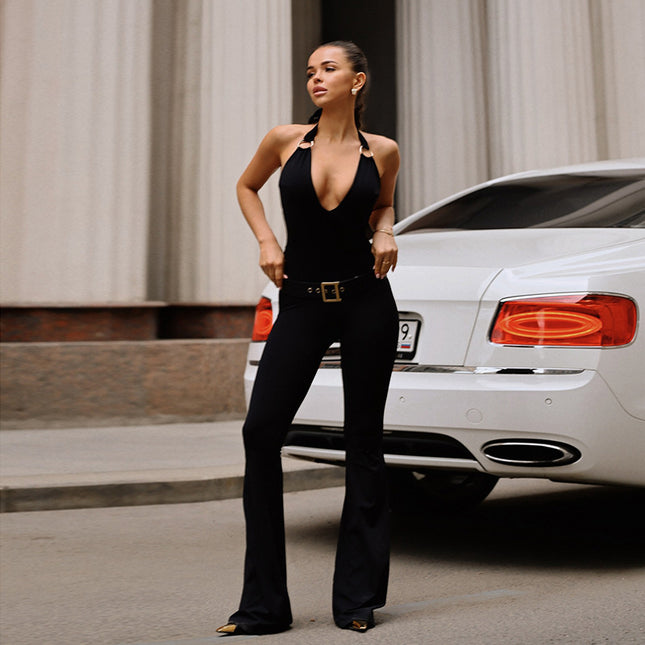 Female European And American Style Circle V-neck Hanging Neck Jumpsuit