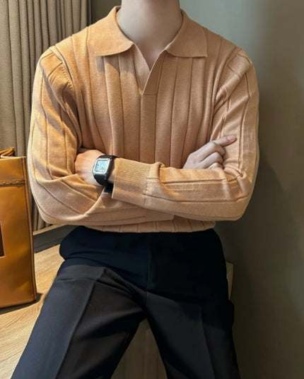 Loose Pit Striped V-neck Long Sleeve T-shirt