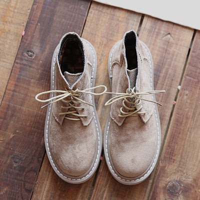 Vintage Suede Round Toe Lace-Up Ankle Boots
