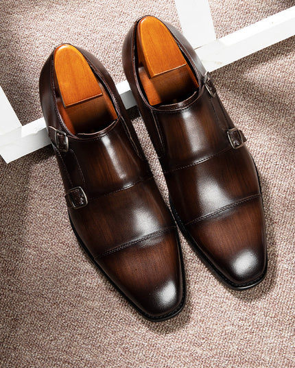 Double Buckle Design First Layer Cowhide Men's Business Leather Shoes