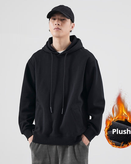 Spring And Autumn Velvet Padded Hooded Sweatshirt Men's Solid Color Pullover Hoodie Jacket