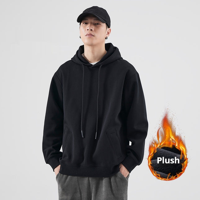 Spring And Autumn Velvet Padded Hooded Sweatshirt Men's Solid Color Pullover Hoodie Jacket