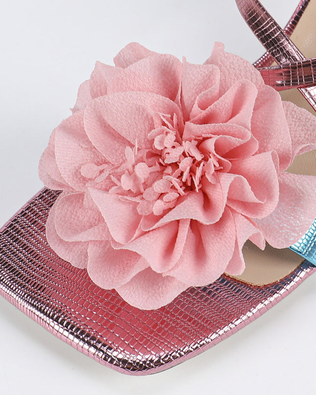 Women's Square Toe Three-dimensional Flower High Heel Sandals