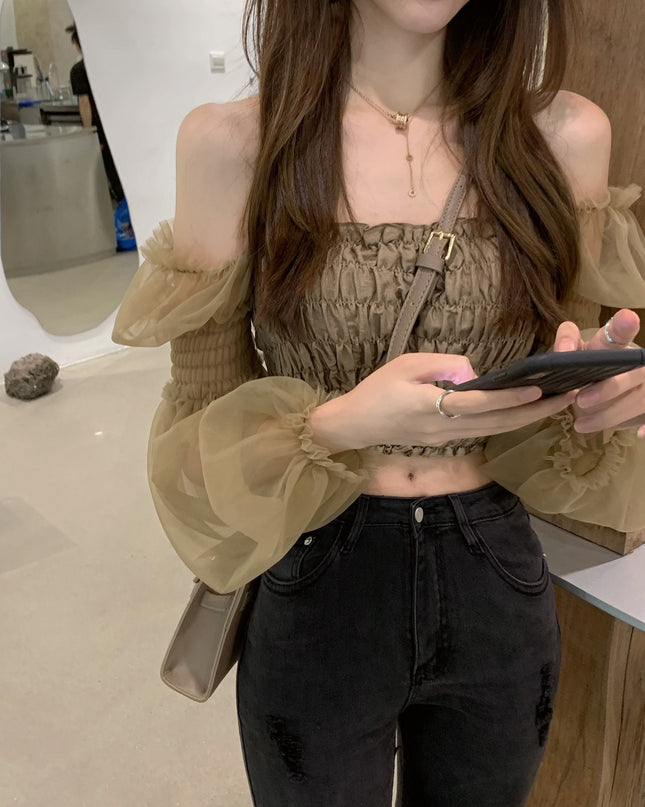 Off shoulder lace long sleeve slim fit short navel shirt