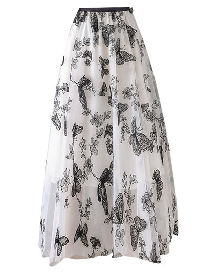 Embroidered Bow Lace Mesh Skirt Women's Mid-length