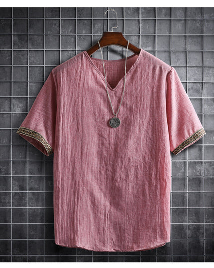 Vintage Linen V-Neck Short Sleeve T-Shirt Running Volume