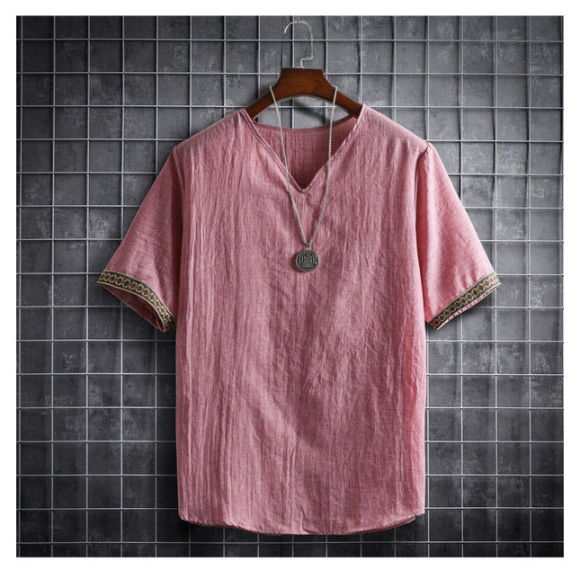 Vintage Linen V-Neck Short Sleeve T-Shirt Running Volume