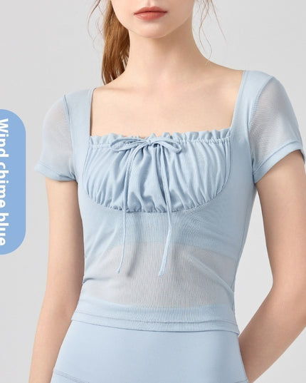 Lace Pleated Yoga Clothing Top Sports Short Sleeve With Chest Pad