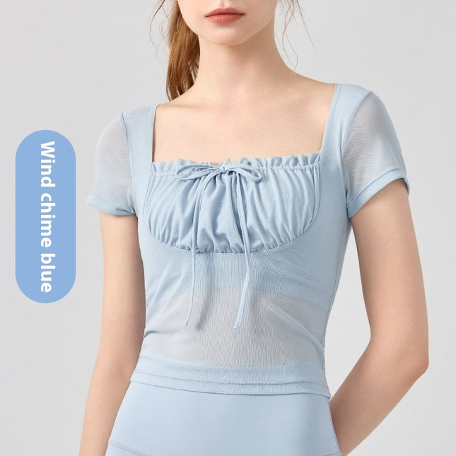 Lace Pleated Yoga Clothing Top Sports Short Sleeve With Chest Pad
