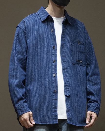 Japanese Style Stripe Denim Men's Long Sleeve Shirt