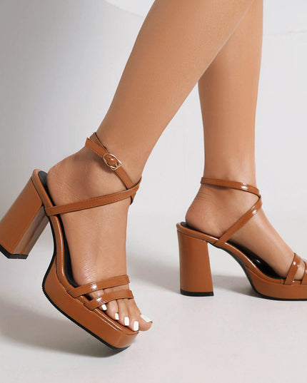 Summer Square Toe Thin Strap Buckle Wide Strap High Heels