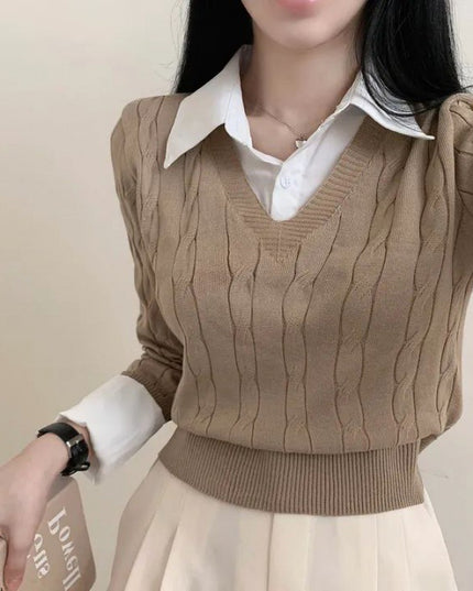 Korean Style Blouse Collar Stitching Fake Two-piece Knitted Sweaters