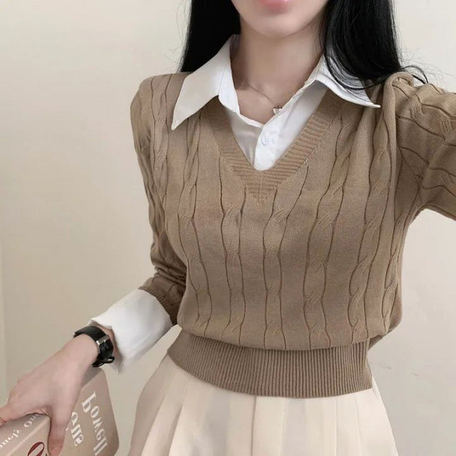 Korean Style Blouse Collar Stitching Fake Two-piece Knitted Sweaters