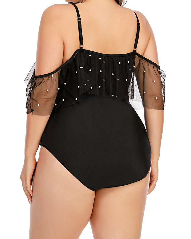 Women's Bikini Suspenders Deep V  Back Tulle Ruffled Swimsuit