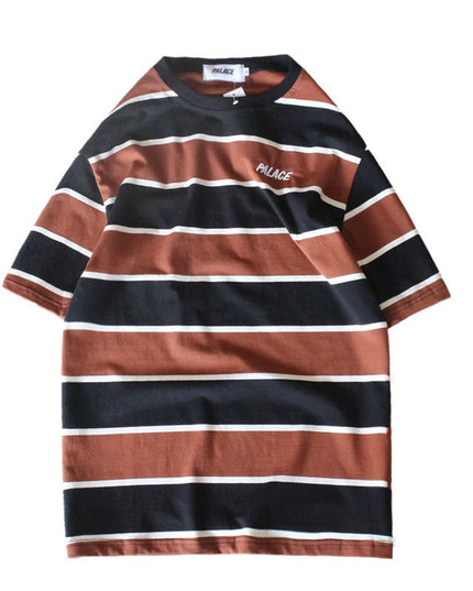 Striped colorblock embroidered letter T-shirt