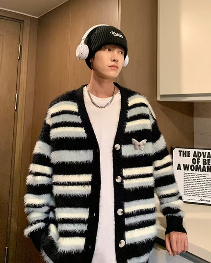 Autumn And Winter Striped Cardigan Sweater Coat For Men