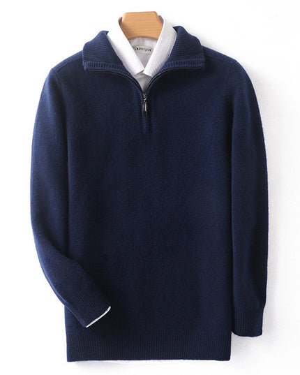 Double-strand Thickened 100 Pure Wool Knit Men's Pullover Lapel Zip-up Shirt