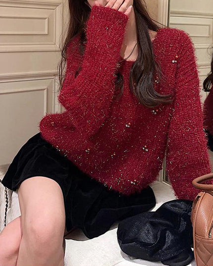 Women's Heavy Industry Beaded Loose Red New Year Pullover Sweater