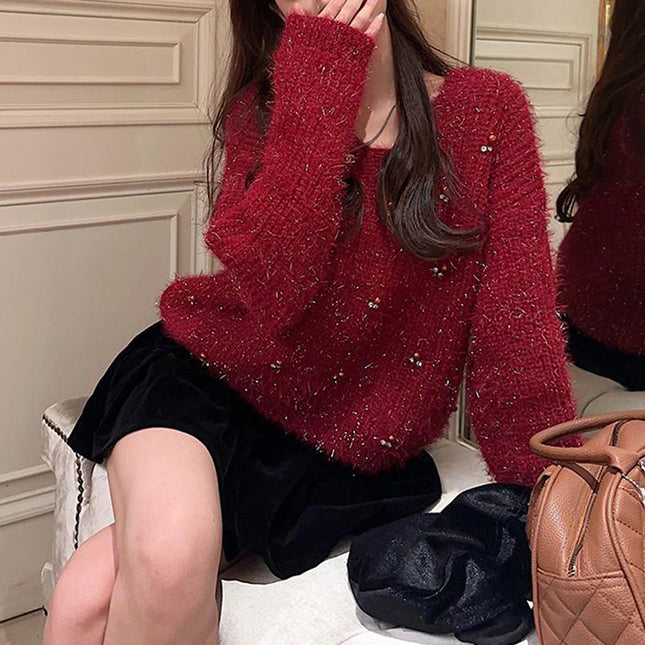 Women's Heavy Industry Beaded Loose Red New Year Pullover Sweater