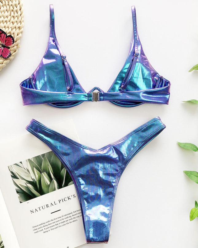 Serpentine glitter steel underpinning bikini triangle swimsuit