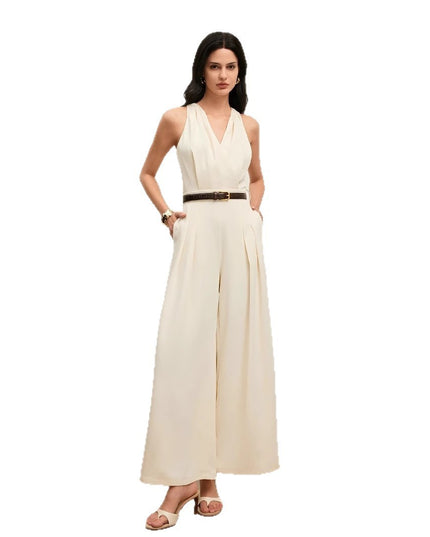 Women's Solid Color And V-neck Sleeveless Fashion Casual Jumpsuit