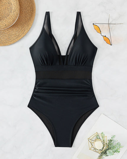 Pure Color Mesh Halter Bikini One-piece Swimsuit