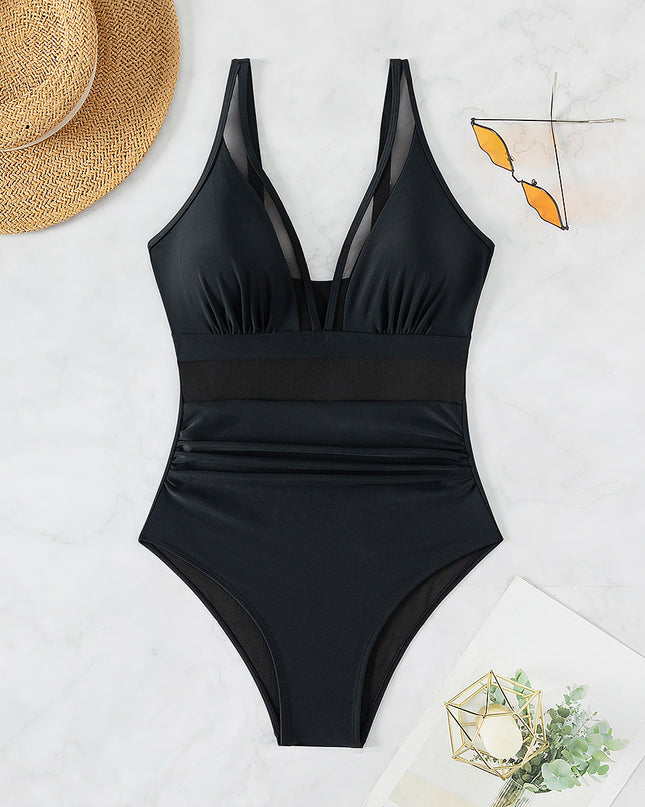 Pure Color Mesh Halter Bikini One-piece Swimsuit
