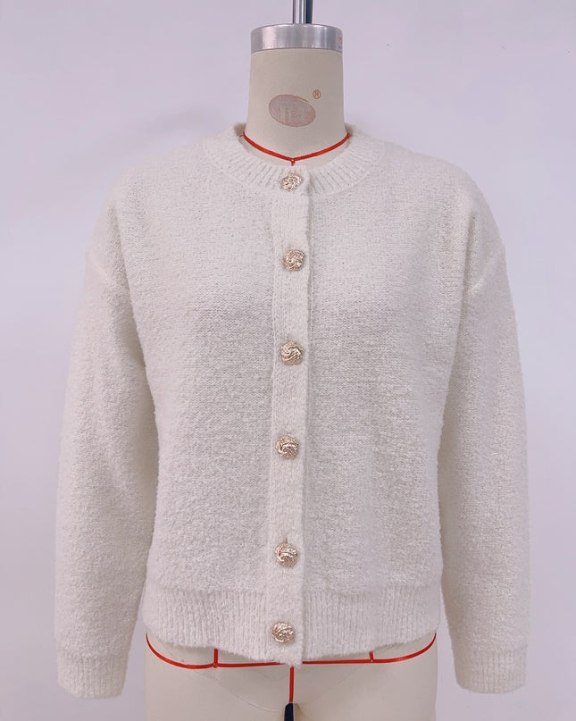 Round Neck Button Solid Color Sweater Knitwear