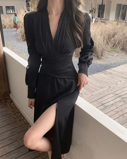 Pleat And Waisted Lantern Sleeve Dress Simple Adult Lady Like Woman Style